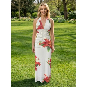 Women's Halter Neck V-Neck Ruched Maxi Dress Elegant Lily Floral Print Backless Slim Fit Vacation Summer Long Dress