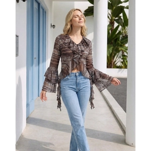 Bohemian V-neck floral mesh blouse with ruffled details and stylish flared sleeves