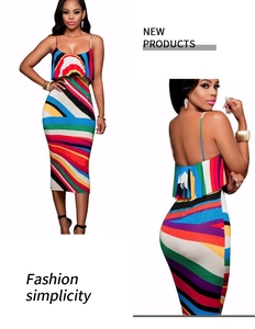 Detail showing the colorful striped pattern and elegant ruffled neckline on a midi dress