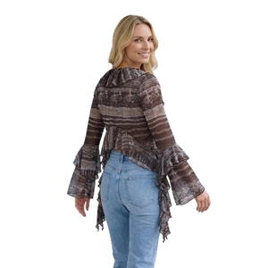 Bohemian V-neck brown elephant print long sleeve chiffon top with ruffled layers