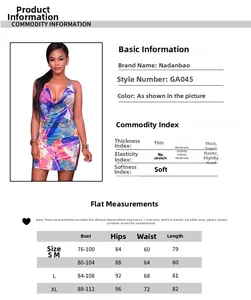 Size chart for V-neck backless floral dress showing measurements for S to XL sizes