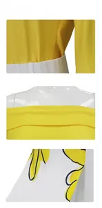 Vue détaillée du haut à épaules dénudées jaune et blanc et couture de jupe fleurie
