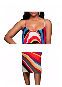 Detail view of colorful striped midi dress featuring layered ruffles and slim-fit cut