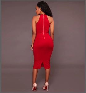 Détail de la robe midi rouge moulante avec fermeture éclair au dos et fente