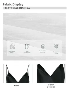Détail d'une robe noire à col en V montrant la texture fine et les fines bretelles