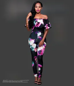 Detailed view of off-shoulder floral jumpsuit with ruffled trim and slim fit silhouette