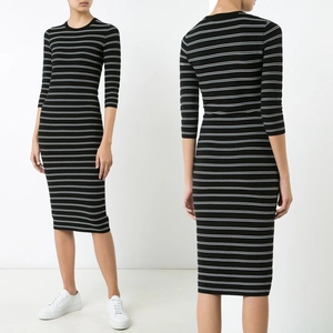 Robe Midi Moulante Rayée pour Femme Élégante Col Rond Manches 3/4 Mélange Modal Décontracté Bodycon Robe Crayon à Rayures