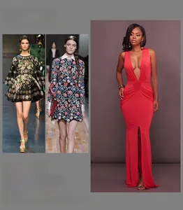Détail d'une robe longue rouge sans manches à col en V profond avec fente latérale haute