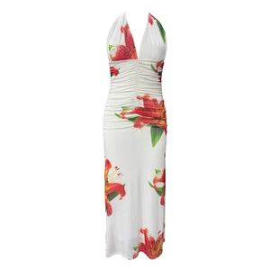 Halter V-neck maxi dress featuring lily floral print and ruched slim fit design