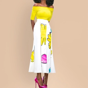 Tenue Femme Top Manches Courtes Épaules Dénudées Et Jupe Maxi Fendue Imprimé Floral Taille Haute Mode Tropicale Été