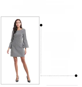 Detailed view of women's houndstooth mini dress with elegant flared long sleeves and slim fit