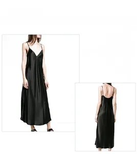 Vue détaillée d'une robe longue noire en satin avec col en V et fines bretelles