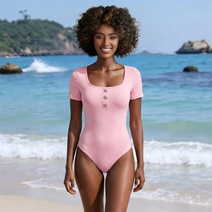 Women's Pink Square Neck Short Sleeve One Piece Swimsuit With Metal Flower Buttons Ribbed High Elastic Vacation Swimwear