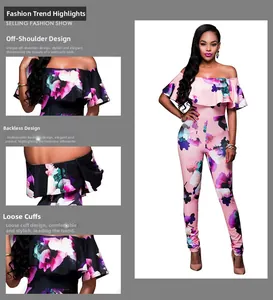 Close-up of off-shoulder design and backless details on a floral print jumpsuit
