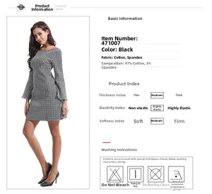 Detail view showing black and white houndstooth dress fabric with 97% cotton material info