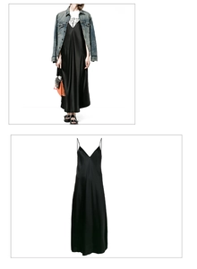Détail d'une robe longue en satin noir avec col en V et fines bretelles élégantes