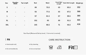 Tableau des tailles pour robe bustier avec mesures de poitrine et taille en S-XXL