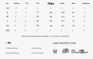 Detailed size chart for floral off-shoulder jumpsuit with measurements and care guide