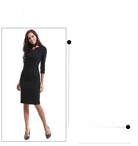 Detailed view of a slim fit black dress with V-neckline and elegant three-quarter sleeves