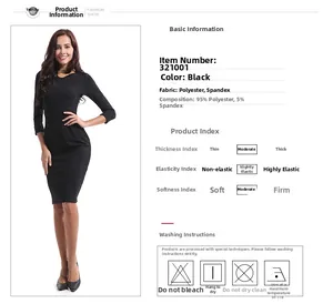 Detail of slim fit black knee-length dress with 95% polyester and 5% spandex material info