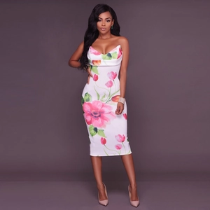 Abito Midi da Donna Sexy a Tubo Aderente con Stampa Floreale Scollo a Drappeggio Spacco Posteriore Elegante Festa Estiva