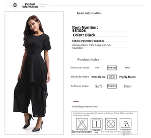 Detailed fabric chart showing 95% polyester blend and sizing for black wide-leg jumpsuit