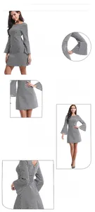 Detail of houndstooth dress featuring elegant bell sleeves and slim fit round neckline