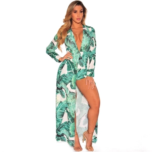 Women's V-neck tropical palm print maxi dress with long sleeves and high slit details