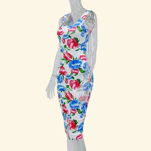 Women Sexy Floral Print Midi Dress Sleeveless Backless U-Neck Bodycon Tank Dress Summer Party Evening White Red Blue Dress