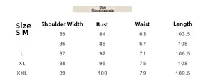 Size guide table for slim fit dress with measurements for shoulder chest waist and length