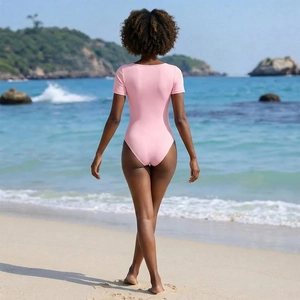 Pink short sleeve square neck slimming one-piece swimsuit shown on a beach setting