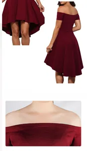 Détails d'une robe bordeaux à épaules dénudées avec ourlet asymétrique et tissu fluide