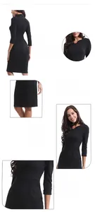 Detail view of round neck, three-quarter sleeves and slim fit black bodycon dress fabric