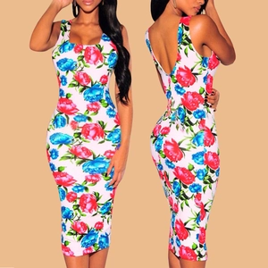 Floral print slim fit midi dress with red and blue roses in a sleeveless backless style
