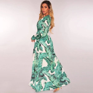 Floral V-neck maxi dress with tropical palm leaf print and high side slit for summer beach