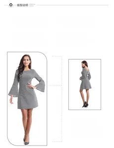 Detail of houndstooth dress with flared sleeves, high waist cut and slim fit silhouette