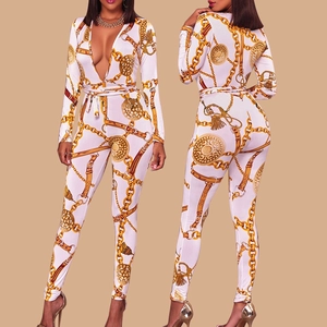 Women Vintage Baroque Gold Chain Print Jumpsuit Deep V Neck Long Sleeve Slim Fit One Piece Bodysuit Long Pants Autumn Outfit