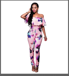 Detail of pink floral off-shoulder jumpsuit showing ruffled neckline and slim fit design