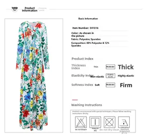 Dettaglio del vestito floreale con composizione 88% poliestere e 12% elastan nel tessuto