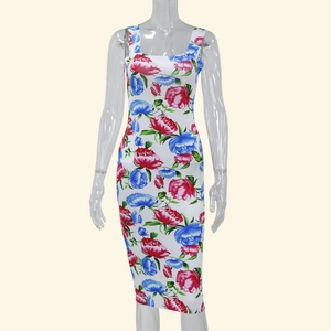 Floral print sleeveless midi bodycon dress with square neck and red blue flowers