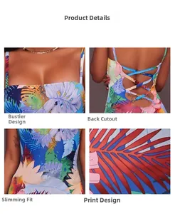 Détails de l'imprimé palmier tropical avec dos nu lacé et coupe ajustée amincissante