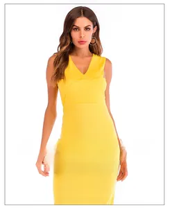Detailed close-up of V-neck sleeveless yellow dress with flattering slim fit and slit