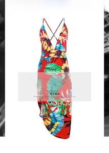 Detail of tropical floral print dress with V-neckline and side drawstring ruching