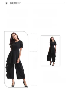 Detail of high waisted wide leg jumpsuit featuring short sleeves and anti-wrinkle black fabric