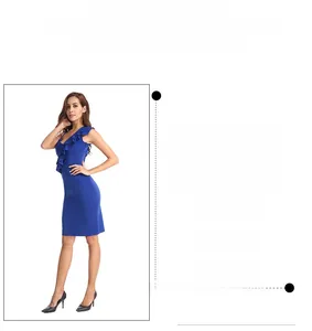 Detail of royal blue one-shoulder pencil dress featuring elegant ruffle trim at the neckline