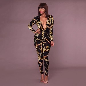 Slim fit long sleeve deep V-neck jumpsuit with baroque gold chain print for women