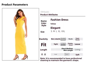 Detailed parameter chart for this slim fit yellow V-neck sleeveless long dress with slit