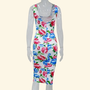 Slim fit midi dress with vibrant pink and blue rose floral prints on white fabric