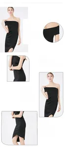 Detail view of black off-shoulder bodycon dress with asymmetrical hem and slim fit waist