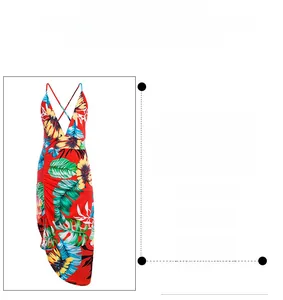 Detail of red floral dress with deep V-neck and ruched side details for women